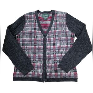 Woolrich Plaid Cable Knit Lamb's Wool Cardigan Sweater Large Grey‎